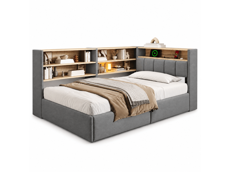  Lit banquette 90 x 200 cm, relevage hydraulique, prise électrique, rangement latéral réversible, port usb, bande led, velours, gris Bliss Lite - Conforama A