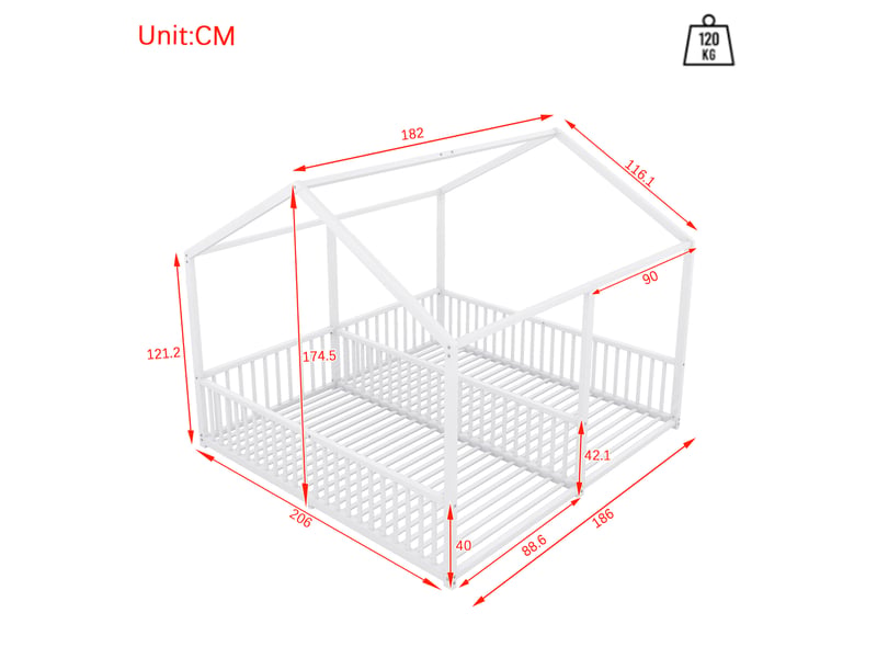 Lit enfant double 2 x 90 x 200 cm en métal blanc, forme maison avec barrières - Conforama C
