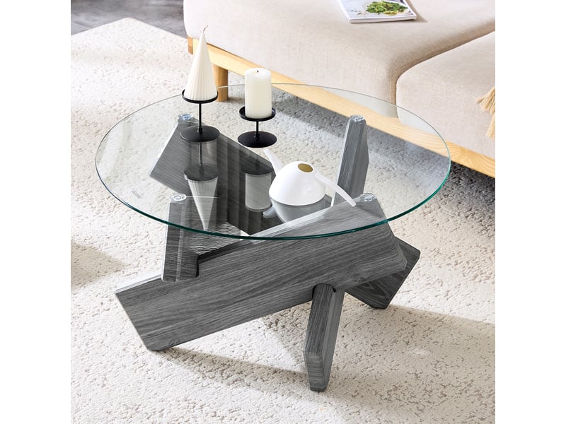  Table basse ronde mdf et verre, design moderne avec pieds croisés effet gris, diamètre 79 cm, verre trempé 0,8 cm  - Conforama D