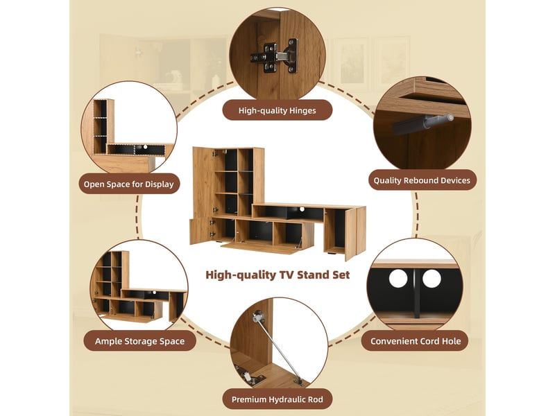  Ensemble meuble tv mural extensible 174-265 cm avec rangement, pose au sol ou suspendue, tv jusqu'à 120 pouces, bois et noir Sol Morn - Conforama E