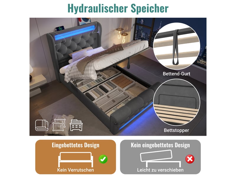  Lit coffre, lit enfant 90x200 cm, tête de lit avec rangement, led, usbusb-c, velours gris, matelas inclus  - Conforama D