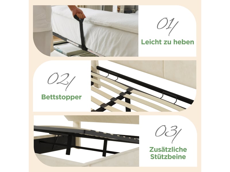  Lit coffre, lit double 140x200 cm, rangement hydraulique, tête de lit avec rangement, led, usbusb-c, matelas inclus, velours beige  - Conforama D
