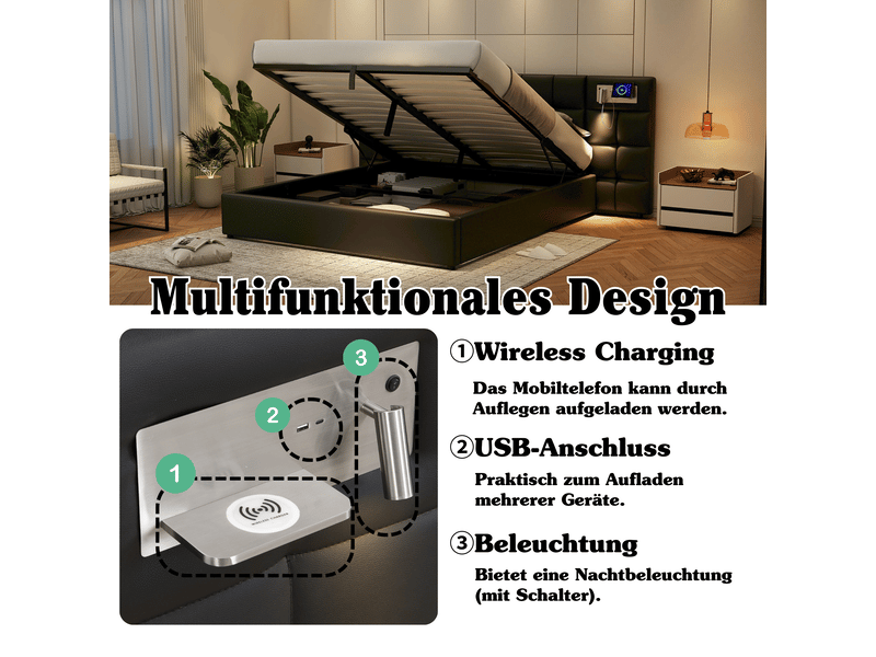  Lit coffre 180x200 double capitonné noir avec rangement hydraulique port usb chargeur sans fil et éclairage  - Conforama R
