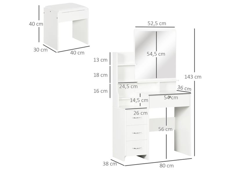  Ensemble de coiffeuse avec tabouret rembourré grand miroir + plusieurs étagères ouvertes + 4 tiroirs blanc  - Conforama C