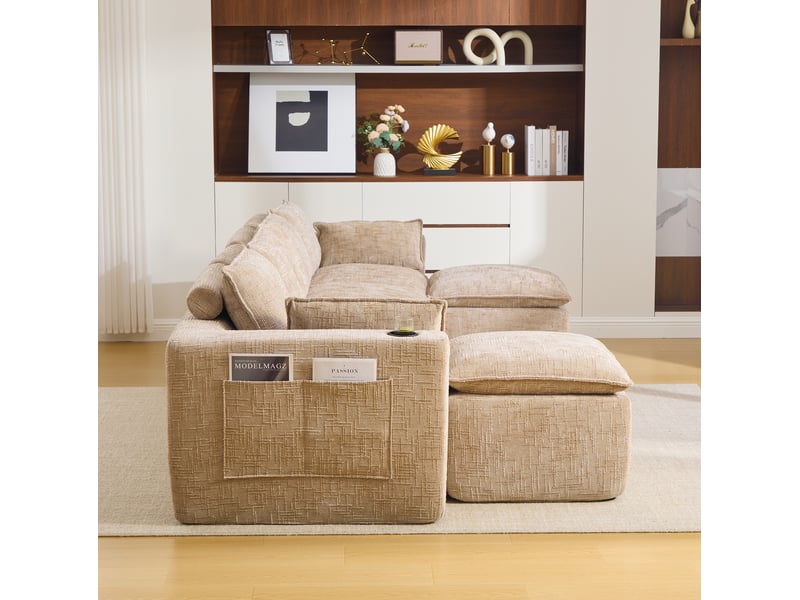  Canapé modulable 4 places en chenille kaki avec 2 poufs et porte-boissons  - Conforama E