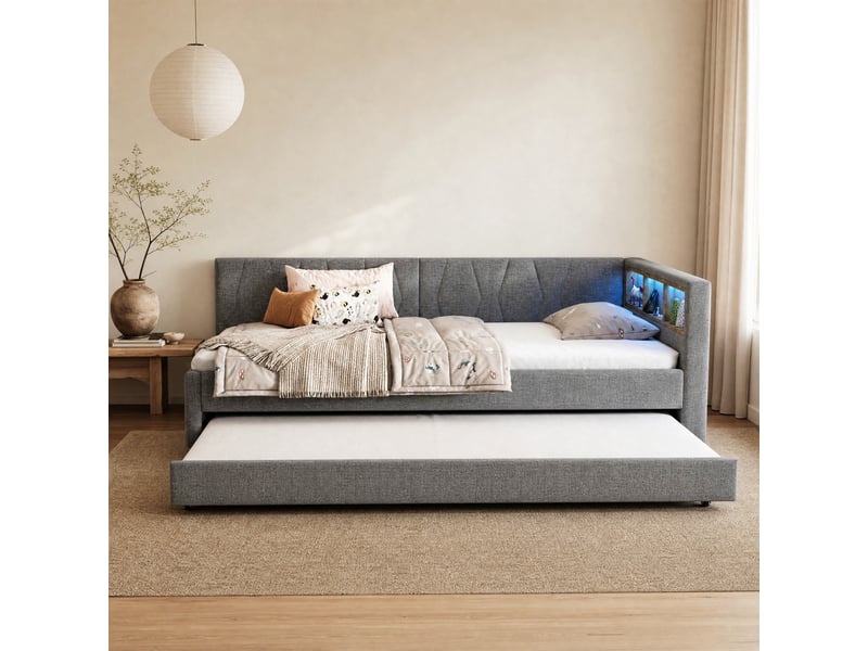 Lit gigogne 90x200 cm avec rangements, led et ports usb en lin  - Conforama C