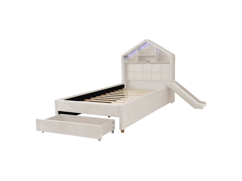  Lit enfant 90x200 cm beige, lit cabane capitonné avec toboggan, montage à gauche ou à droite, éclairage led, port de chargement, étagère de tête de lit et grand coffre de lit  - Conforama E