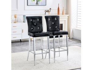 Tabouret de bar lot de 2 à dossier haut avec repose-pieds et boutons cristal, effet crocodile en pvc noir et métal chromé