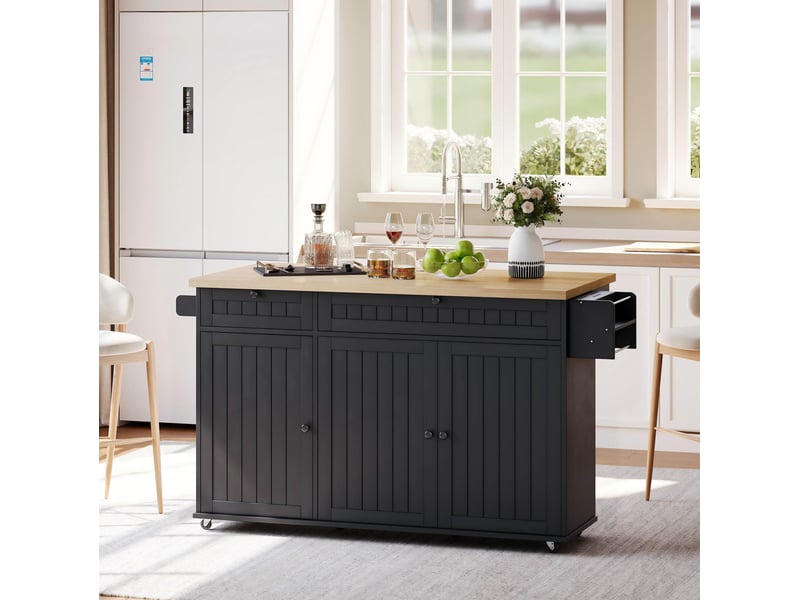  Îlot de cuisine 137x70x89,5 cm en mdf naturel et noir avec plateau rabattable  - Conforama D