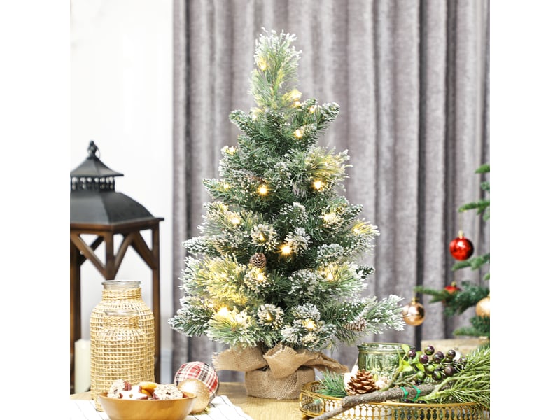  Sapin de noël artificiel 60 cm, mini arbre de noël de table floqué avec 35 led, pommes de pin, fonctionne à piles, vert  - Conforama B
