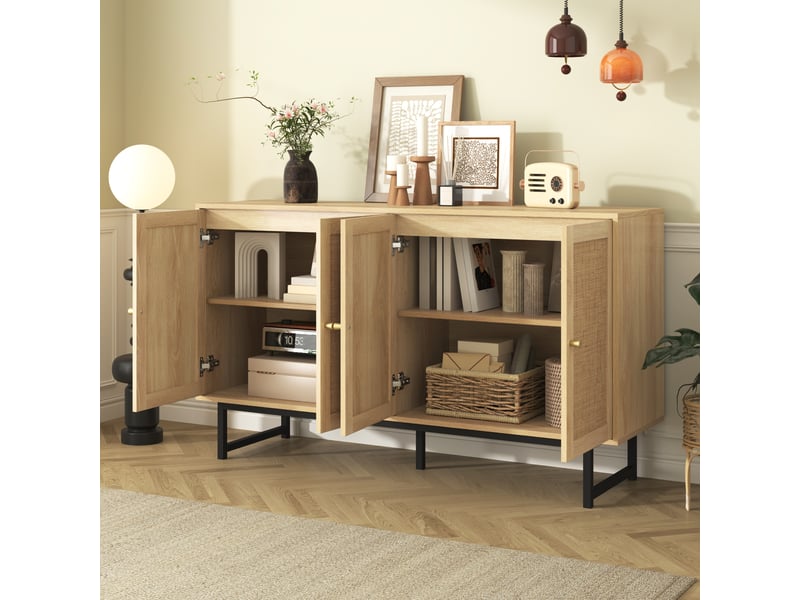 Buffet 4 portes en cannage de rotin 140x39,5x80 cm effet bois - Conforama D