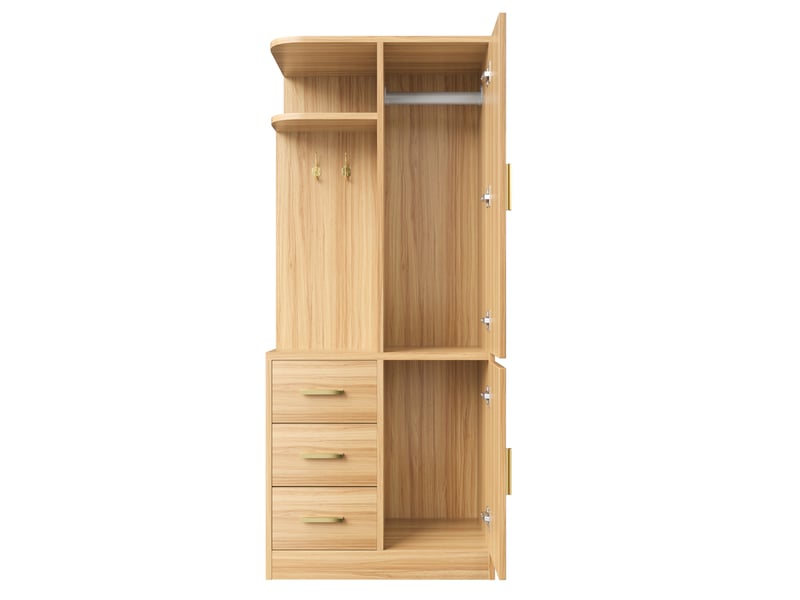  Armoire 70x50x170 cm, à 2 portes, 3 tiroirs, crochets et espaces de rangement, poignées en métal, couleur bois clair  - Conforama E