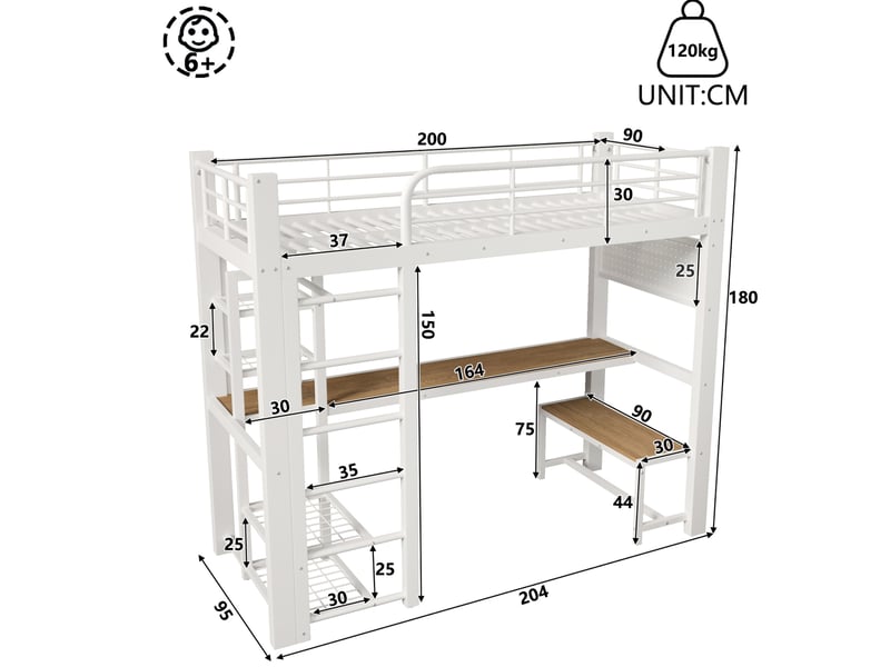  Lit mezzanine modenvie 90 x 200 cm en métal avec bureau, led, rangements et barre de penderie, blanc  - Conforama C