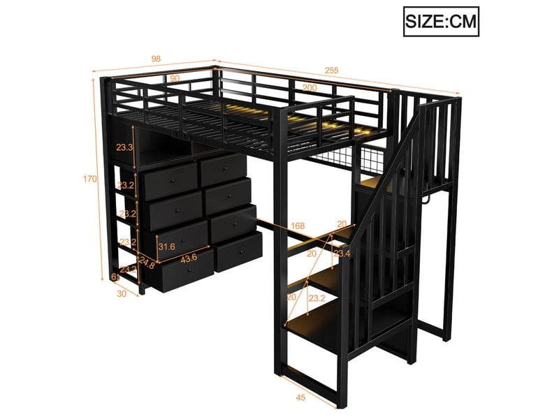  Lit mezzanine,90x200 cm,avec 8 tiroirs,led étagères,panneau,mdf métal,noir  - Conforama C