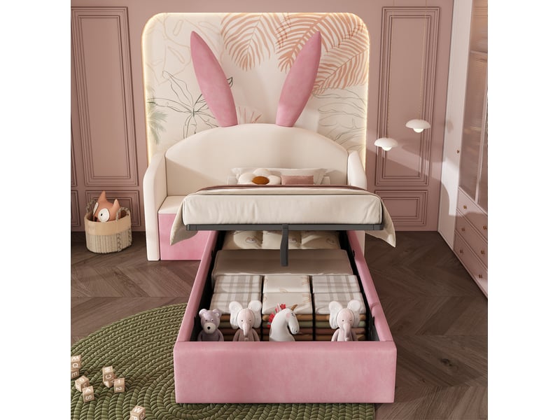  Lit enfant 90x190 cm avec rangement hydraulique, chevet réversible beige et rose  - Conforama D