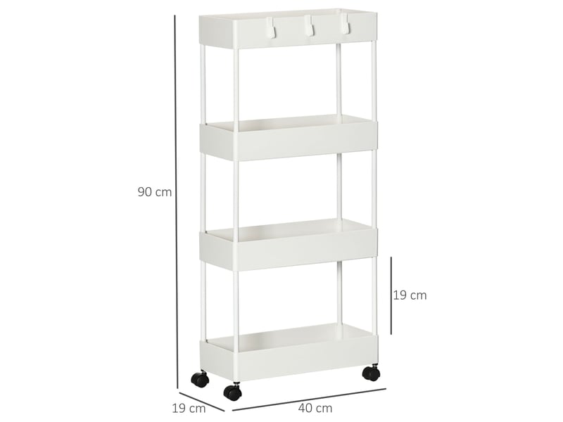  Desserte de rangement 40x19x90 cm, 4 niveaux, 3 crochets amovibles, roulettes avec frein, acier, multifonction, blanc  - Conforama C