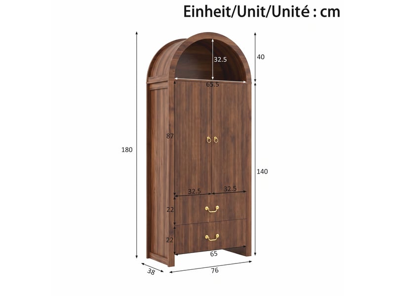  Buffet haut 76x38x180 cm avec led, 2 portes et 2 tiroirs, coloris noyer  - Conforama C