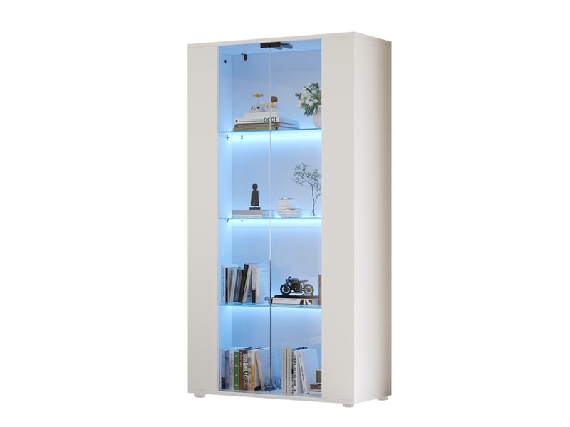 Vitrine 2 portes vitrées, 4 étagères et éclairage led réglable, design moderne pour salon, blanc 80 × 36 × 150 cm  - Conforama A