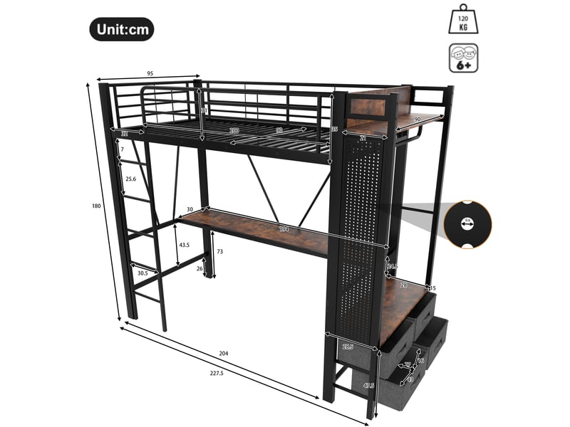  Lit mezzanine 90x200cm coloris noir led métal lit enfant noir - Conforama C