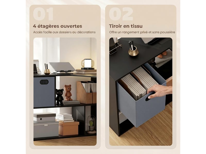  Bureau d'angle avec tiroir en tissu et étagères noir 110 x 100 x 75 cm  - Conforama E