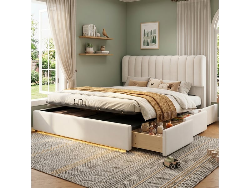  Lit coffre 140x200 cm, lit double, rangement hydraulique, 3 tiroirs, velours beige, led  - Conforama R