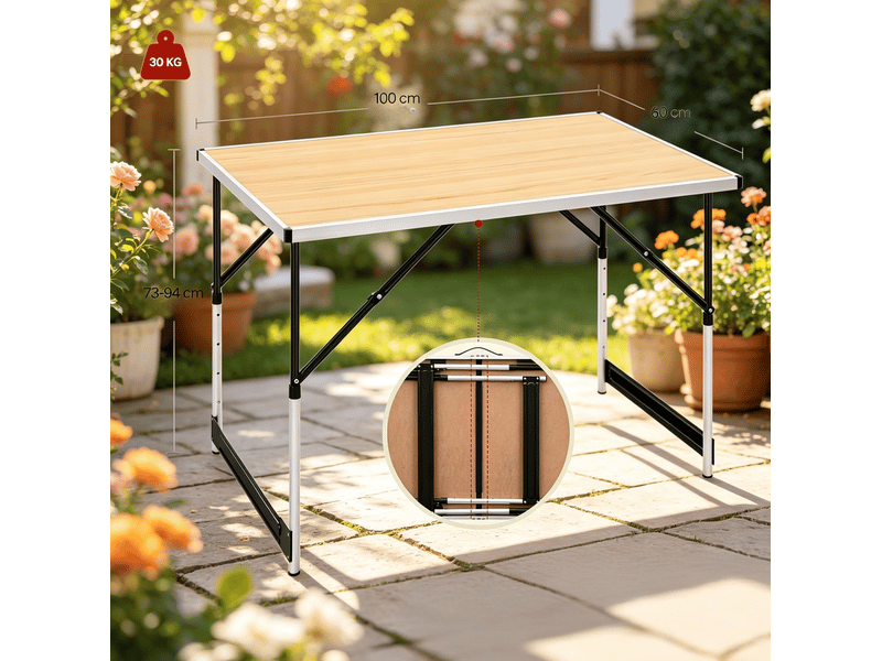 Table de camping pliable réglable en hauteur 100 x 60 cm, plateau mdf décor bois clair et cadre aluminium pour vos sorties  - Conforama C