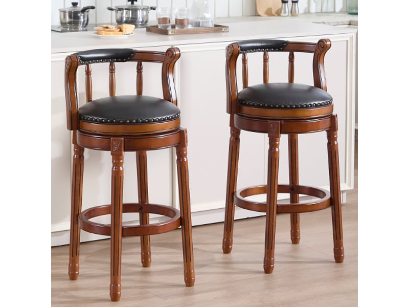  Tabouret de bar pivotant, tabouret noir avec pieds en bois, en cuir  - Conforama D