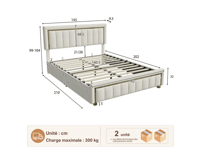  Lit coffre 140x200 cm, lit double rembourré avec rangement, lit coffre hydraulique - sommier à lattes - sans matelas - capacité de charge 300 kg - velours beige  - Conforama C