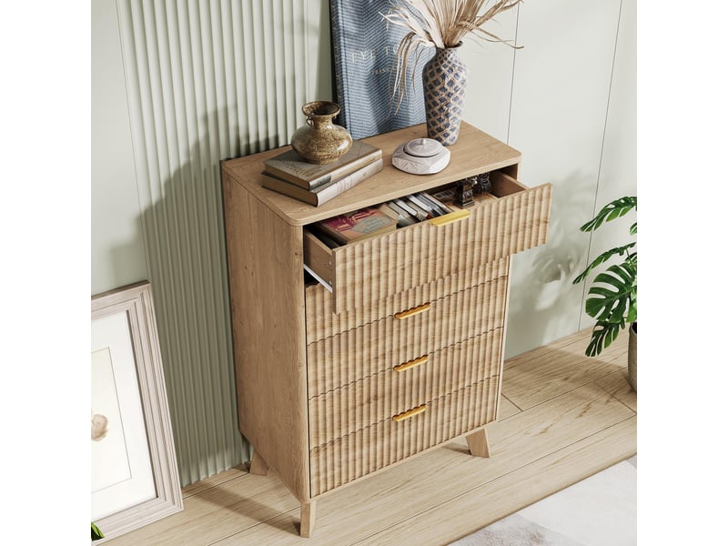  Commode 5 tiroirs - 73x40x108cm - chiffonnier en bois avec façades ondulées, poignées dorées &amp; pieds massifs - chêne  - Conforama B