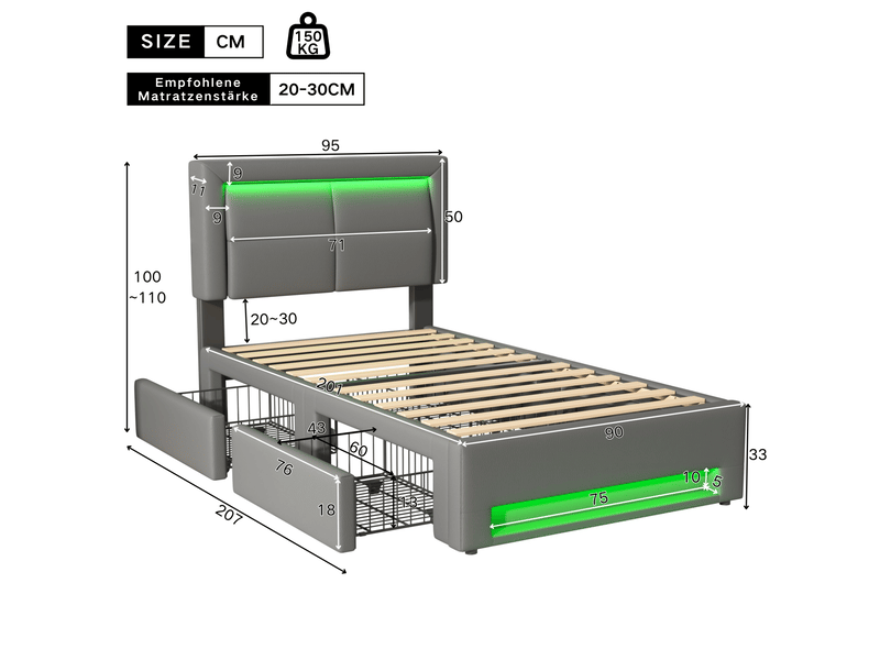  Lit enfant 90x200cm, lumières avec éclairage led, style moderne, 4 tiroirs, ports usb de chargement, pu, gris sans matelas  - Conforama C