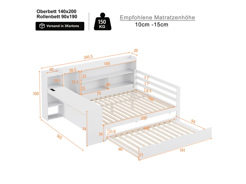 Lit multifonction 140x200 cm avec bureau, rangements, lit gigogne et prises, blanc - Conforama C