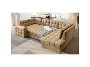 Canapé d'angle convertible monteza marron clair 299 cm avec coffre et couchage