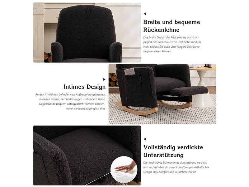  Fauteuil à bascule avec repose-pied, dossier haut, porte de rqngement, cadre en bois, tissu en fausse fourrure noire  - Conforama D