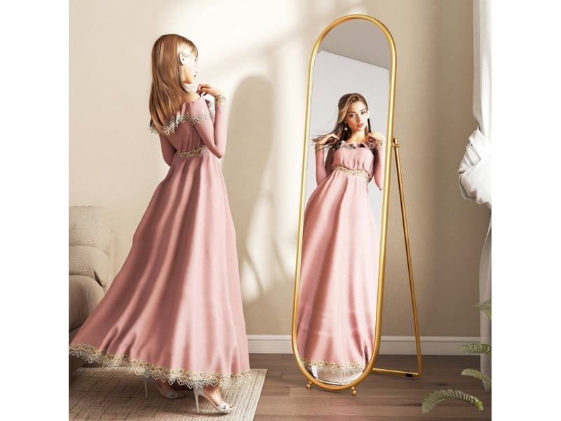 Miroir simple sur pied ovale avec support rabattable et cadre en métal, à poser dans la chambre, doré, 50 × 180 cm - Conforama C