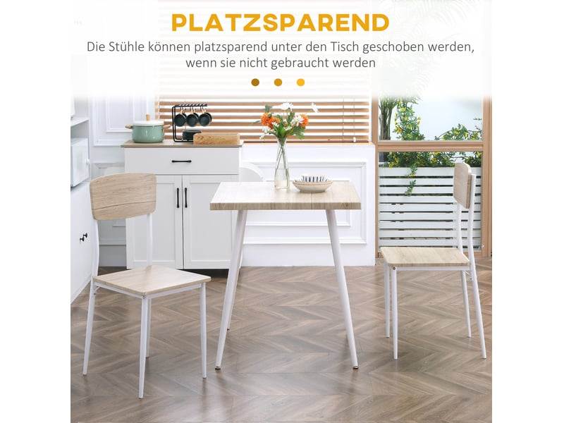  Ensemble table et chaises 3 pièces 70x70x76 cm 1 table + 2 chaises mdf + métal naturel et blanc  - Conforama E
