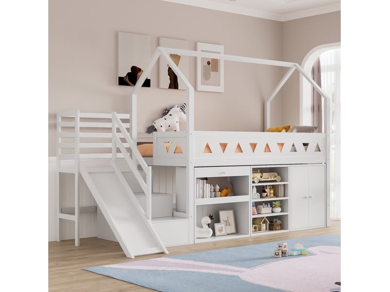  Lit enfant surélevé 90 x 200 cm avec toboggan, escalier, tiroirs et rangements, blanc  - Conforama B