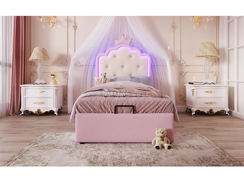  Lit coffre princesse 90x200 cm rose pu sommier inclus éclairage led télécommandé rangement hydraulique Sol Morn - Conforama E
