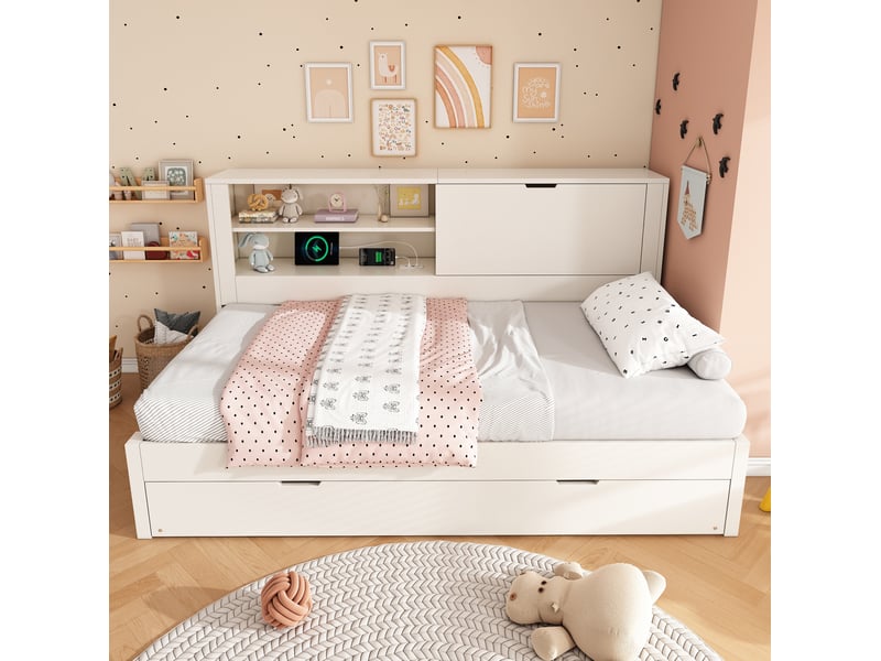  Elvmi lit banquette 90x190 cm avec lit gigogne, rangement intégré au dossier, station de charge usb et usb-c, structure en bois blanc, sommier à lattes, sans matelas  - Conforama B