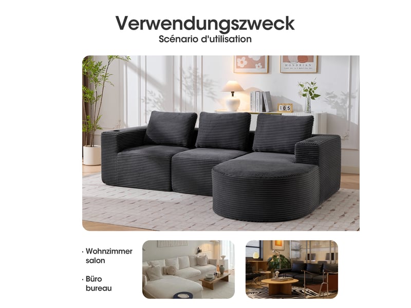 Canapé droit 2 places avec 3 coussins et double porte-gobelet - assise double mousse, polyester gris foncé 265×176×60 cm - Conforama E