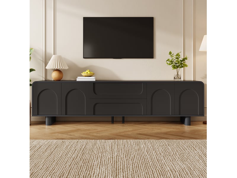  Meuble tv tcqpz 180 x 40 x 46 cm avec 4 portes 2 tiroirs passe-câbles mdf et panneaux de particules noir  - Conforama E