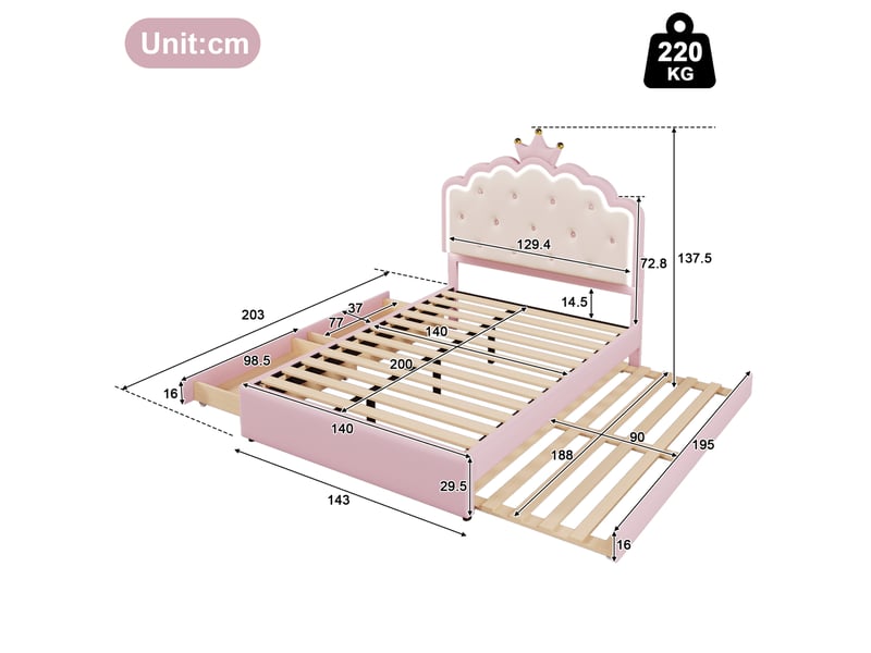  Lit enfant 140x200 cm couronne avec lit gigogne, led, 2 tiroirs et sommier, rose  - Conforama C