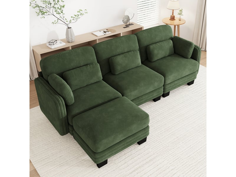  Canapé d'angle modulable - 3 places - forme l - 1 ottoman - coussins d'accoudoirs - assise profonde - tissu chenille - vert CozyNest - Conforama C