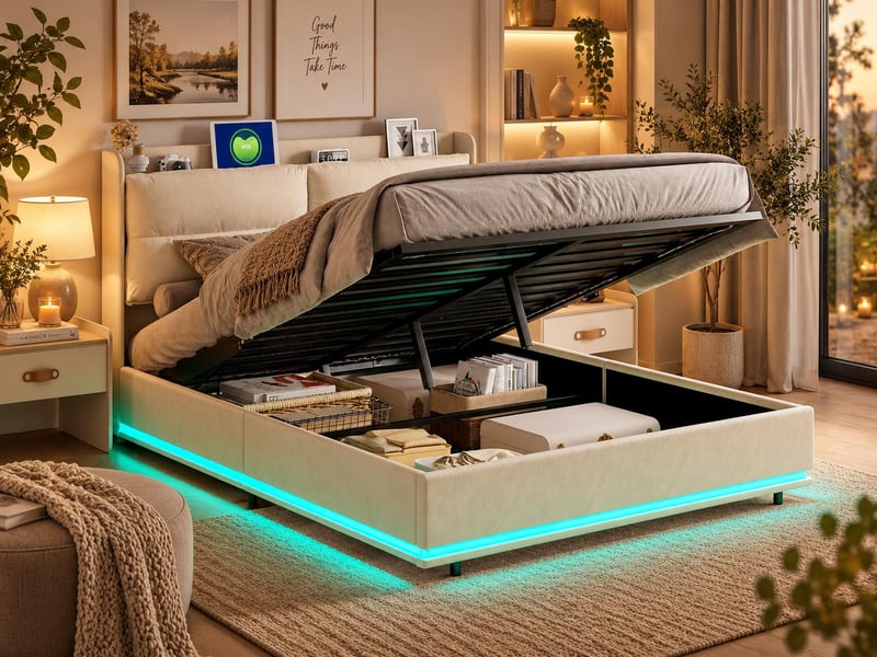  Lit coffre 140x200 cm - lit 2 places pu beige - sommier relevable - grand rangement  - Conforama B