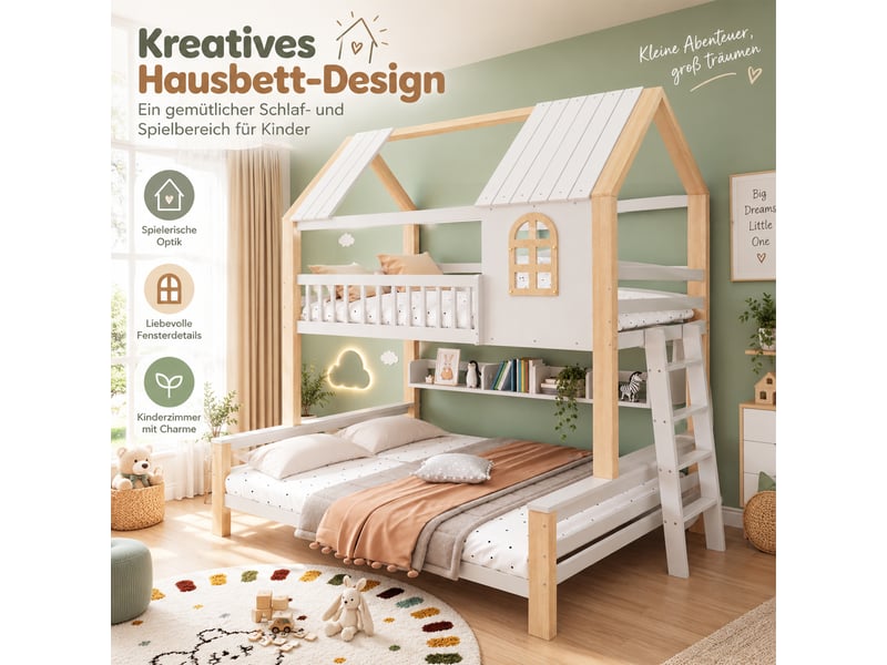 Lit superposé cabane enfant 90x190 140x200 cm avec escalier de rangement, garde-corps et sommier à lattes, 2 couchages en bois, blanc et naturel Seren Glow - Conforama D