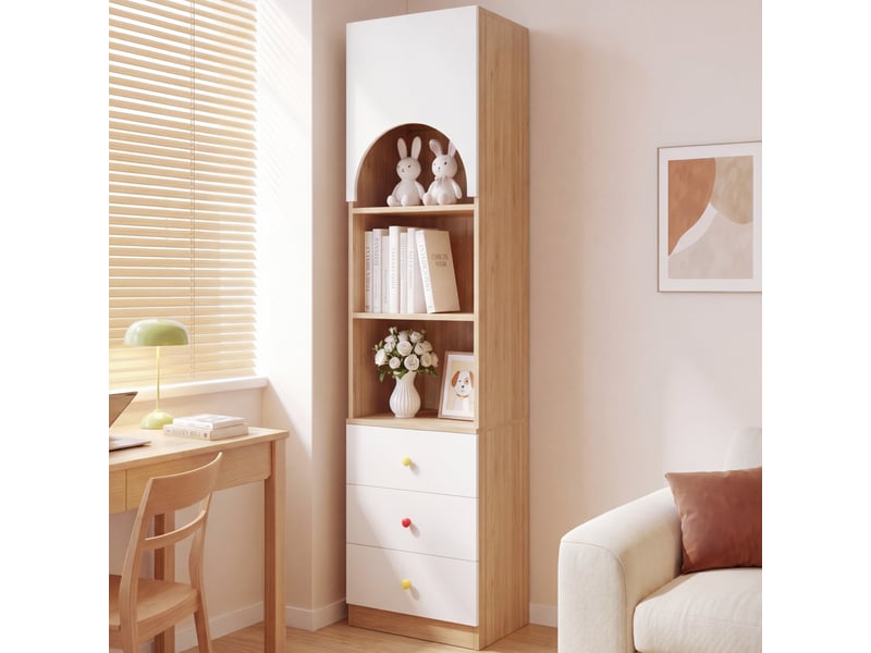  Lot de 2 bibliothèques enfant - 50x50x200 cm - meubles de rangement hauts avec porte arquée et 3 tiroirs - bois et blanc  - Conforama D