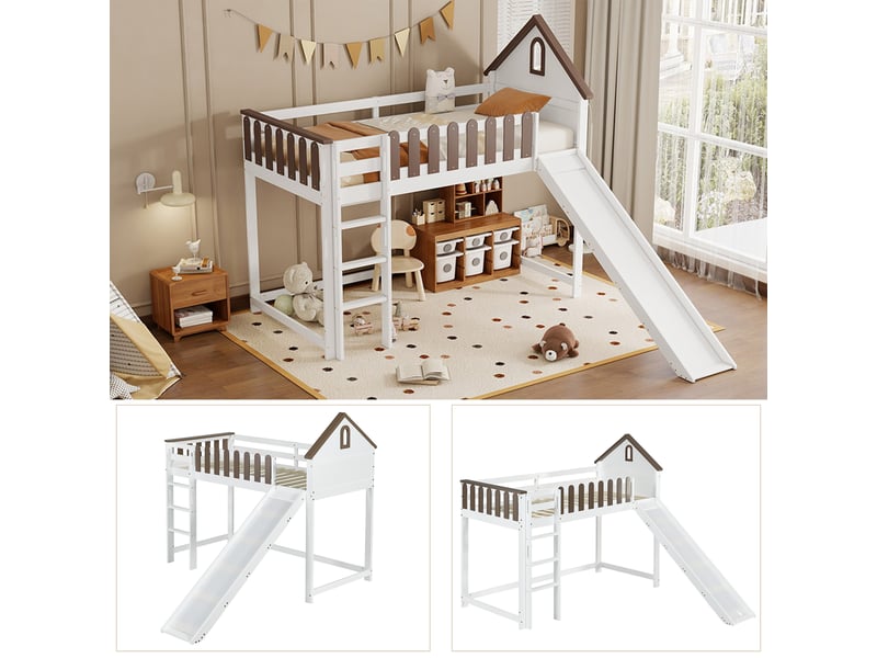  Lit mezzanine cabane enfant 90 x 200 cm avec toboggan blanc et bois Fay Lum - Conforama R