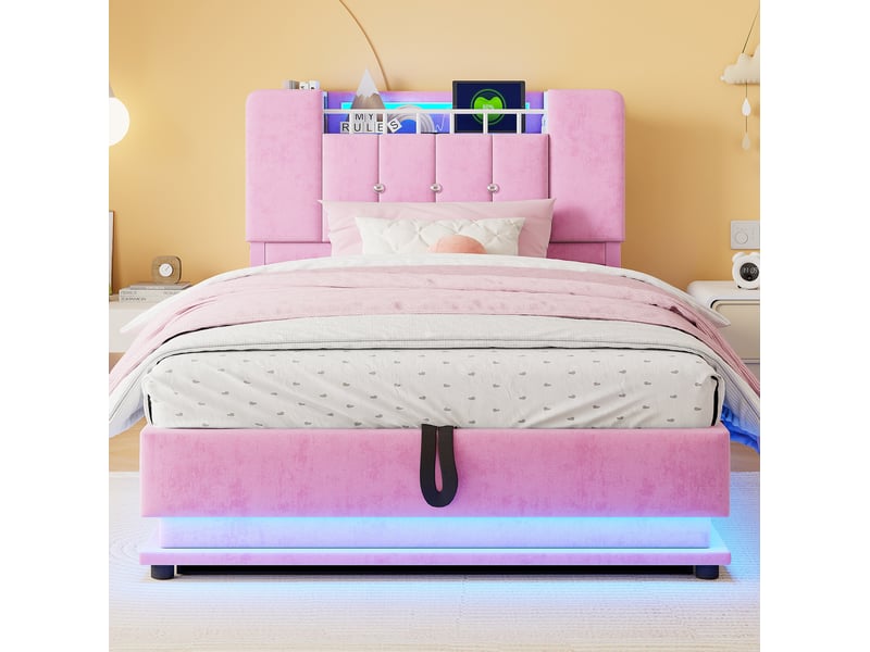  Lit enfant 90x200 cm avec led et port usb, rangement hydraulique en velours rose  - Conforama D