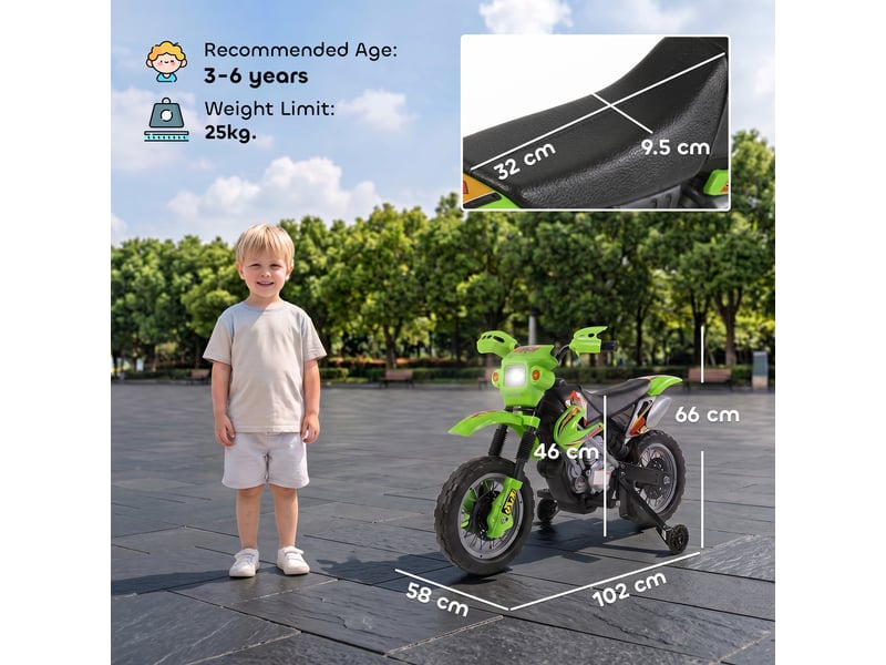  Moto électrique pour enfants à partir de 3 ans, moto cross électrique avec stabilisateurs, batterie 6 v, vitesse 2,5 kmh, 102 x 53 x 66 cm, verte  - Conforama E
