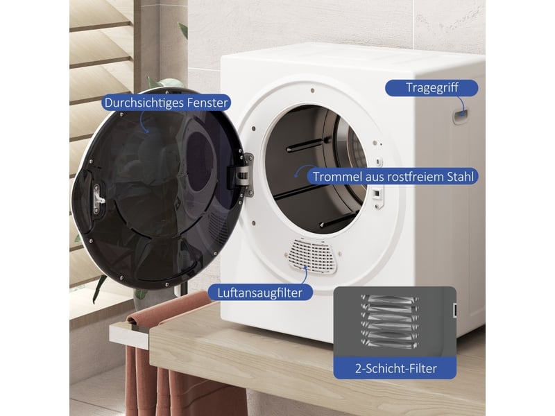  Mini sèche-linge - 4 kg - 4 programmes - 2 niveaux de chauffage - stérilisation jusqu'à 65°c - 850w - blanc 49x40.5x60cm - Conforama E