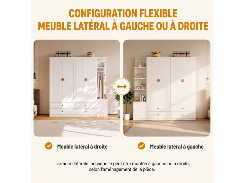  Armoire 3 portes 120x50x200 cm blanche et bois avec 2 penderies  - Conforama E